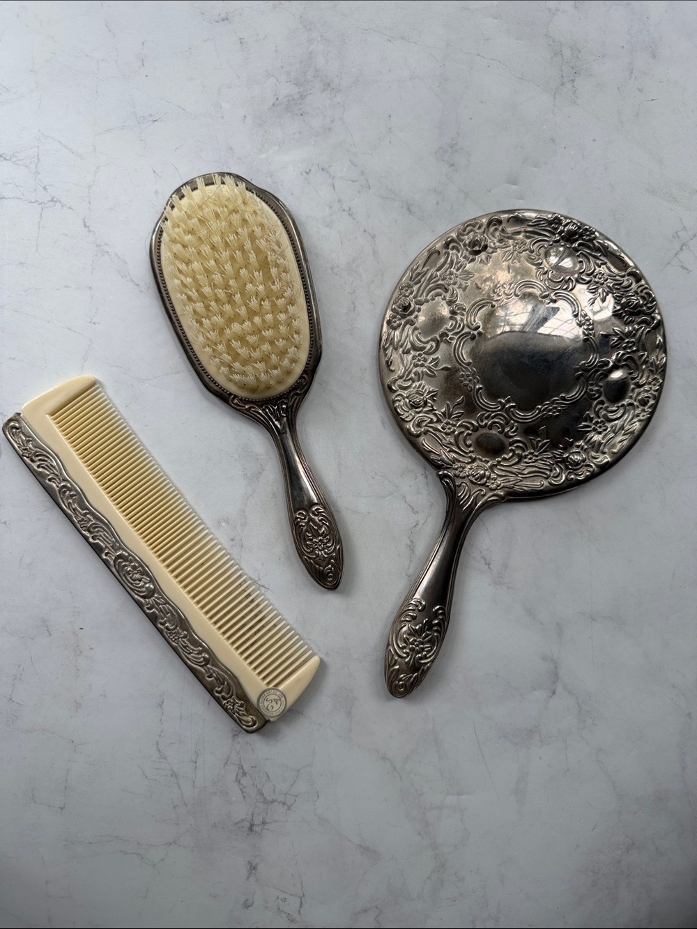Vintage 3 PC Ornate Silverplated Vanity Hand Mirror, Brush & Comb Set